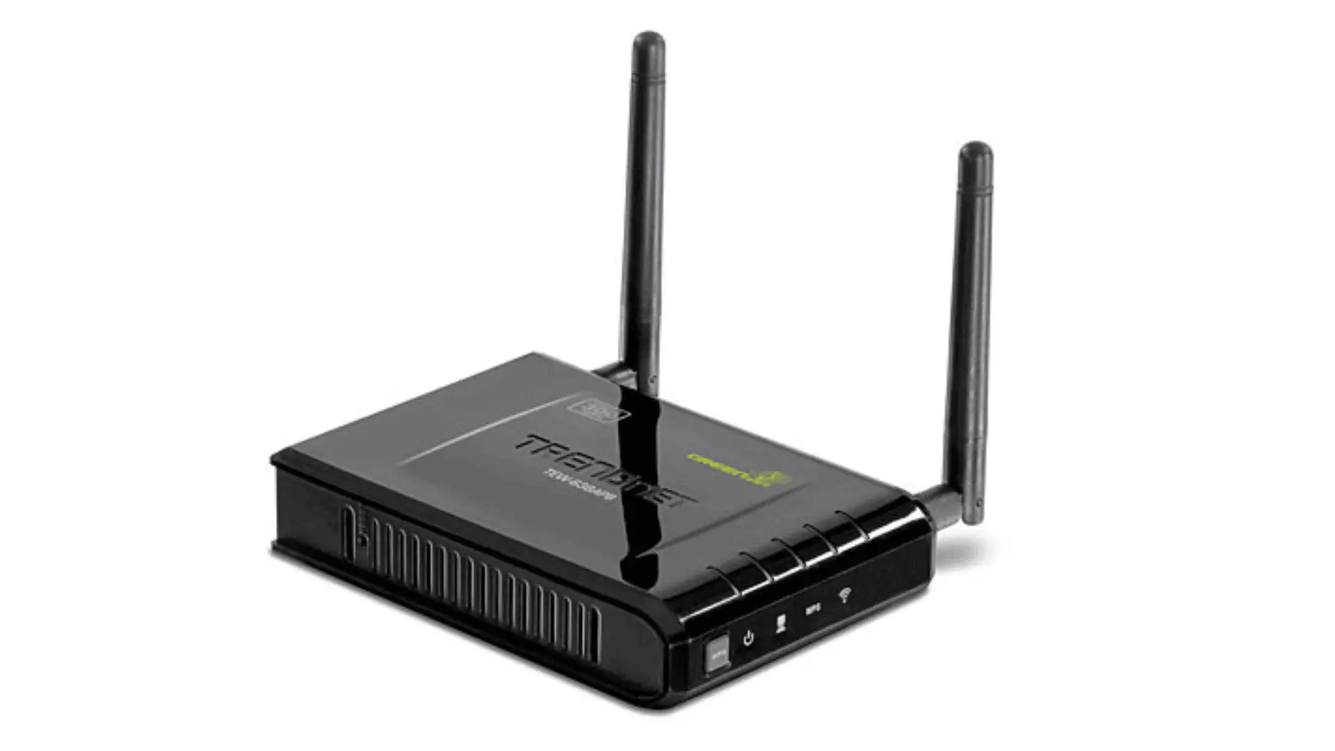 TRENDnet TEW-638APB Router with two antennas and five LED status indicators.