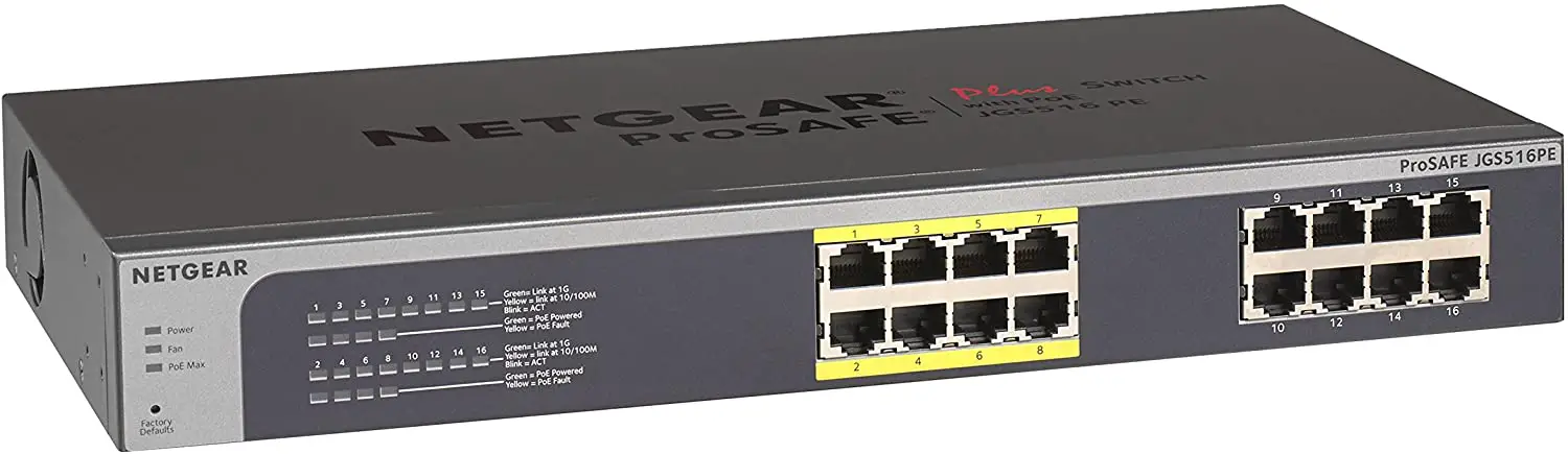 NETGEAR JGS516PE 16-Port Gigabit Ethernet Smart Managed Plus PoE Switch