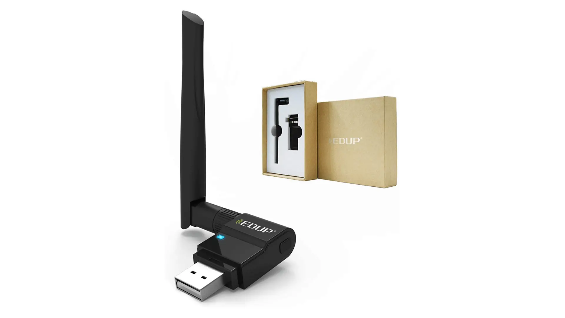 The EDUP EP-AC1635 WiFi adapter with an adjustable antenna in black, accompanied by the box at the back