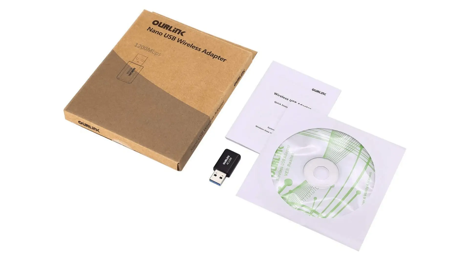 OurLink’s Glam Hobby USB WiFi Adapter with a CD installation guide and USB manual. 