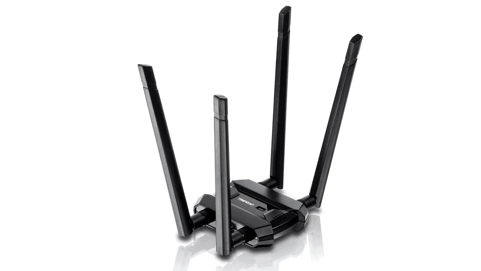The TRENDnet TEW-809UB USB WiFi Adapter with four external and adjustable antennas in black.